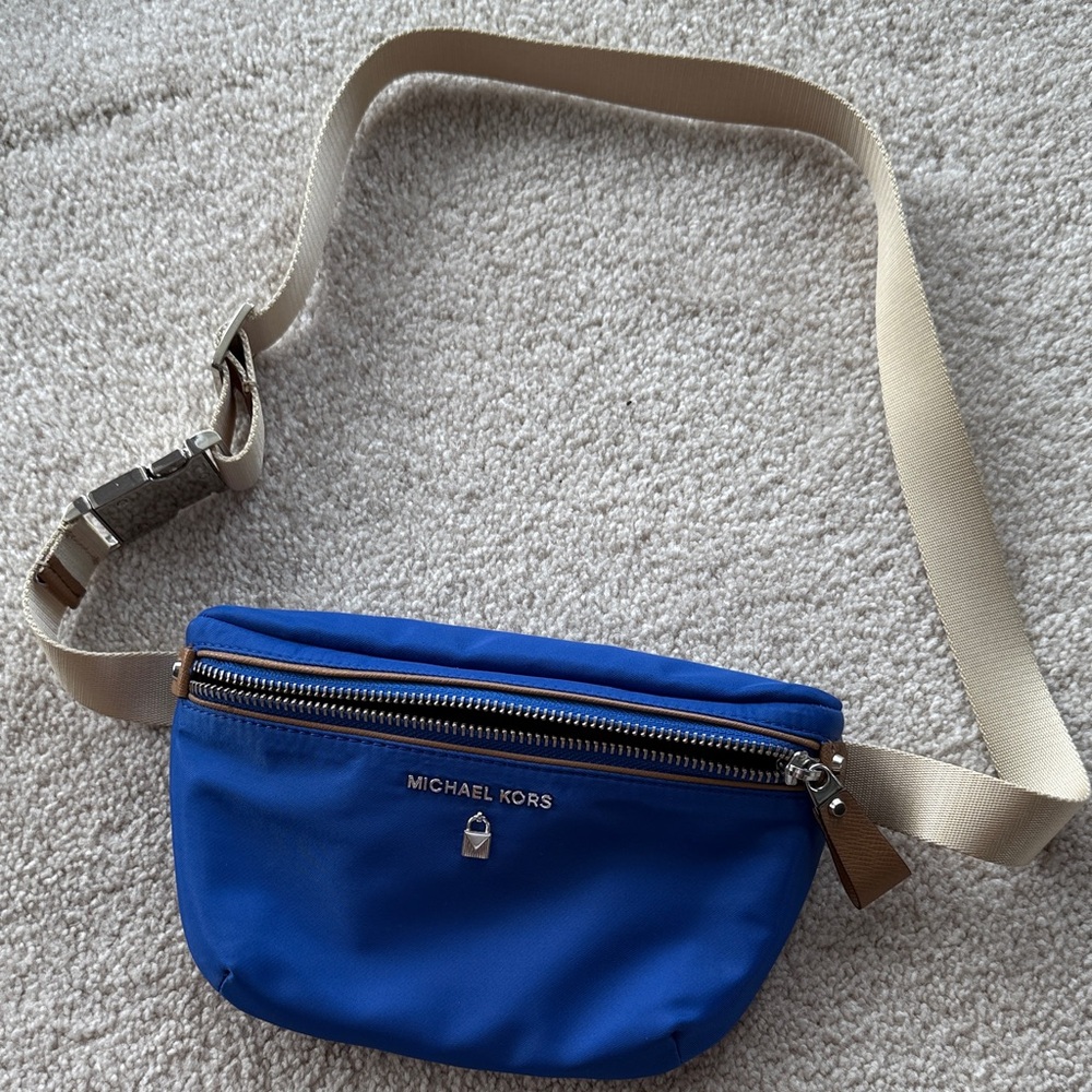 Michael Kors Royal Blue Belt Bag with Tan Strap
